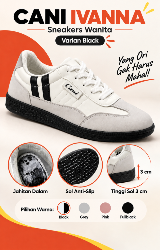 Cani Ivanna sneakers wanita hitam dengan sol anti-slip 3 cm