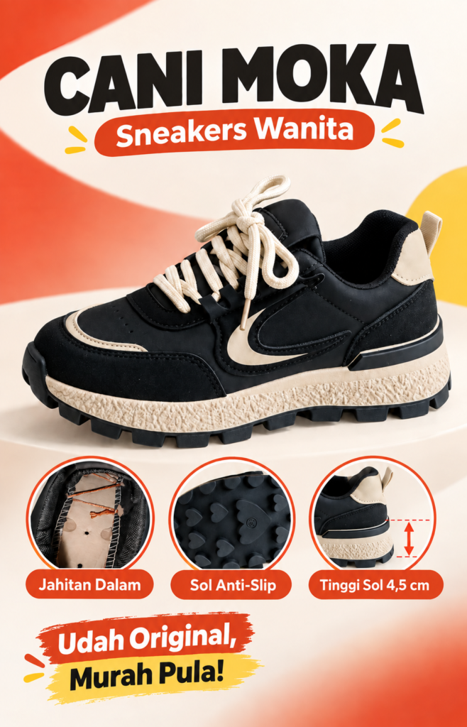 Cani Moka sneakers wanita hitam krem dengan sol anti-slip