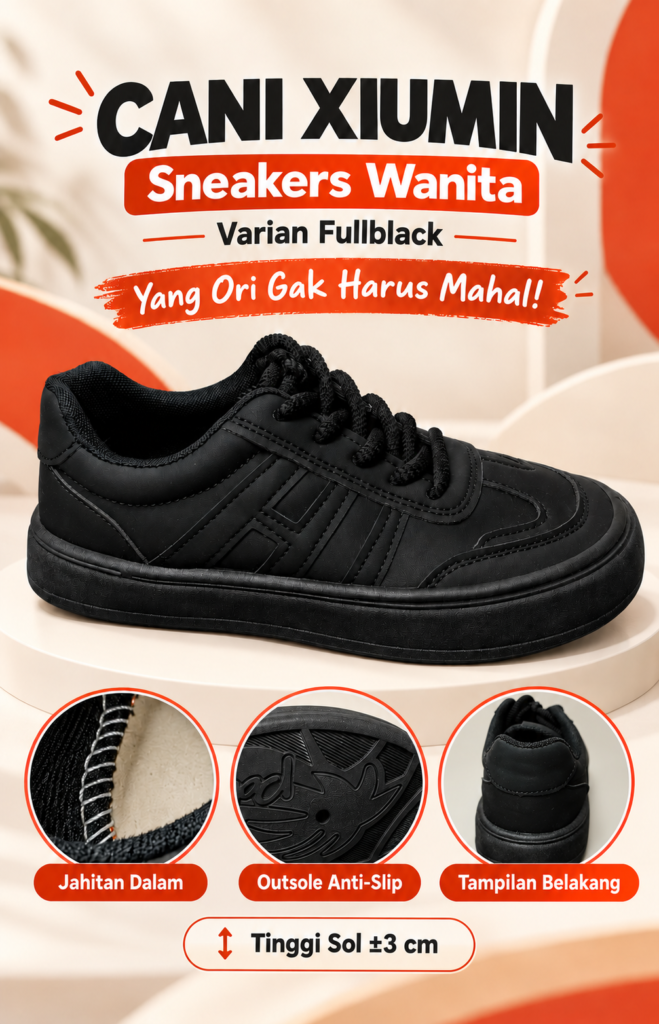 Cani Xiumin Fullblack sneakers wanita kulit sintetis dengan outsole anti-slip