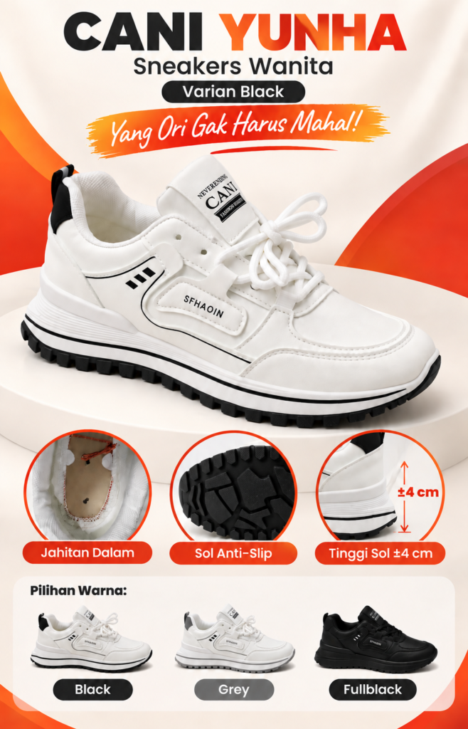 Cani Yunha Black sneakers wanita kulit sintetis dengan sol anti-slip kurang lebih 4 cm